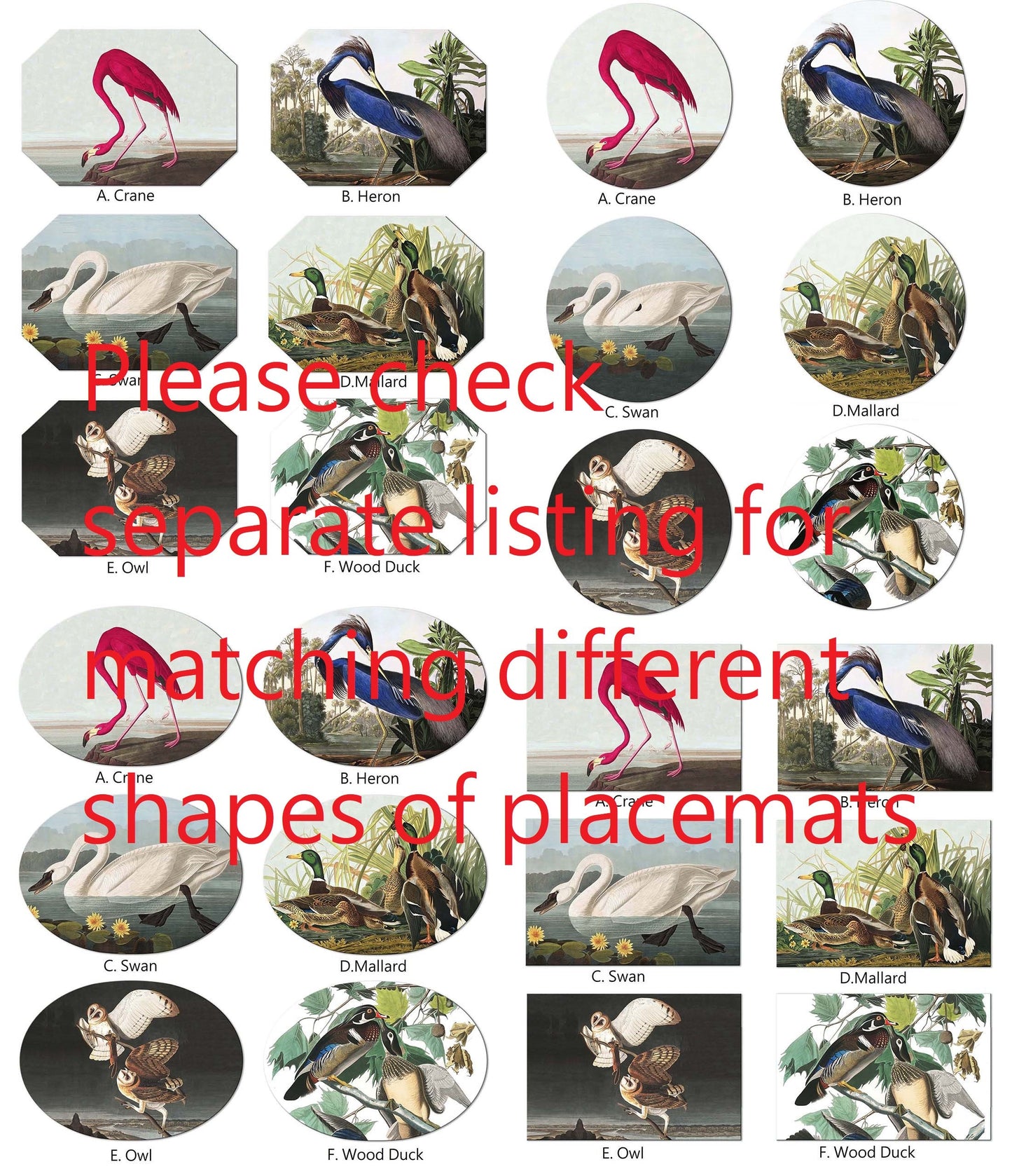 Audubon Bird Placemats For Round Tables Tactile Basket Texture Turned Hem Edges , Waterproof Non Slip Wipe Clean
