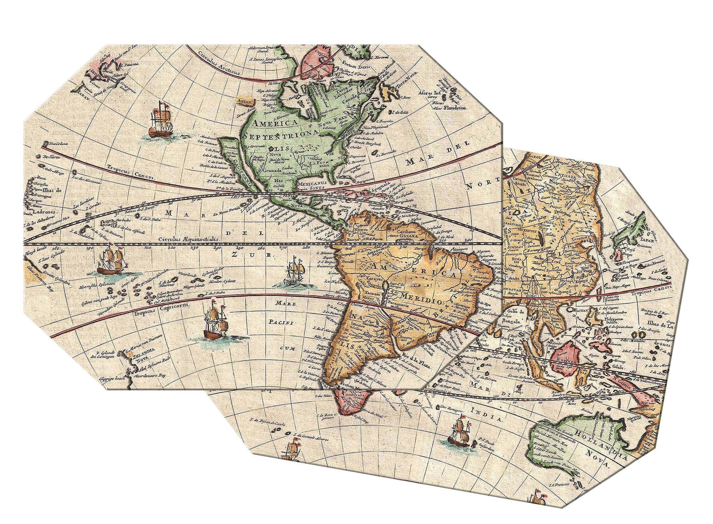Vintage Map Wedge Placemats For Round Tables Tactile Basket texture Hemmed Edges , Waterproof Non slip.