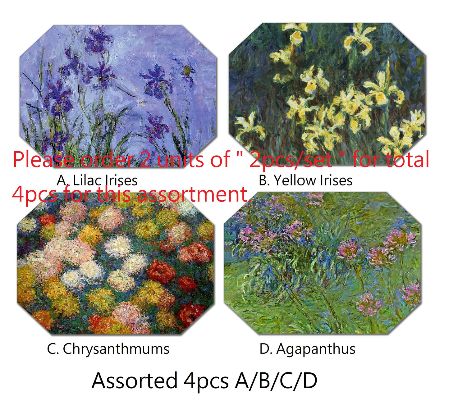 Claude Monet Flower Placemats For Round Tables Tactile Basket Texture Hemmed Edge , Waterproof Sturdy, Flexible.MC4