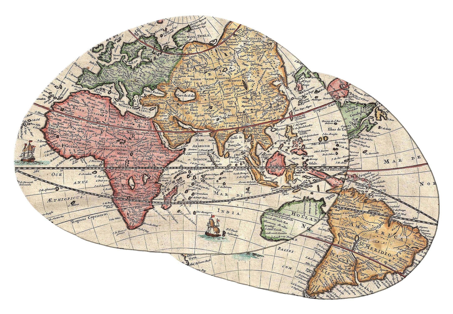 Vintage Map Wedge Placemats For Round Tables Tactile Basket texture Hemmed Edges , Waterproof Non slip.