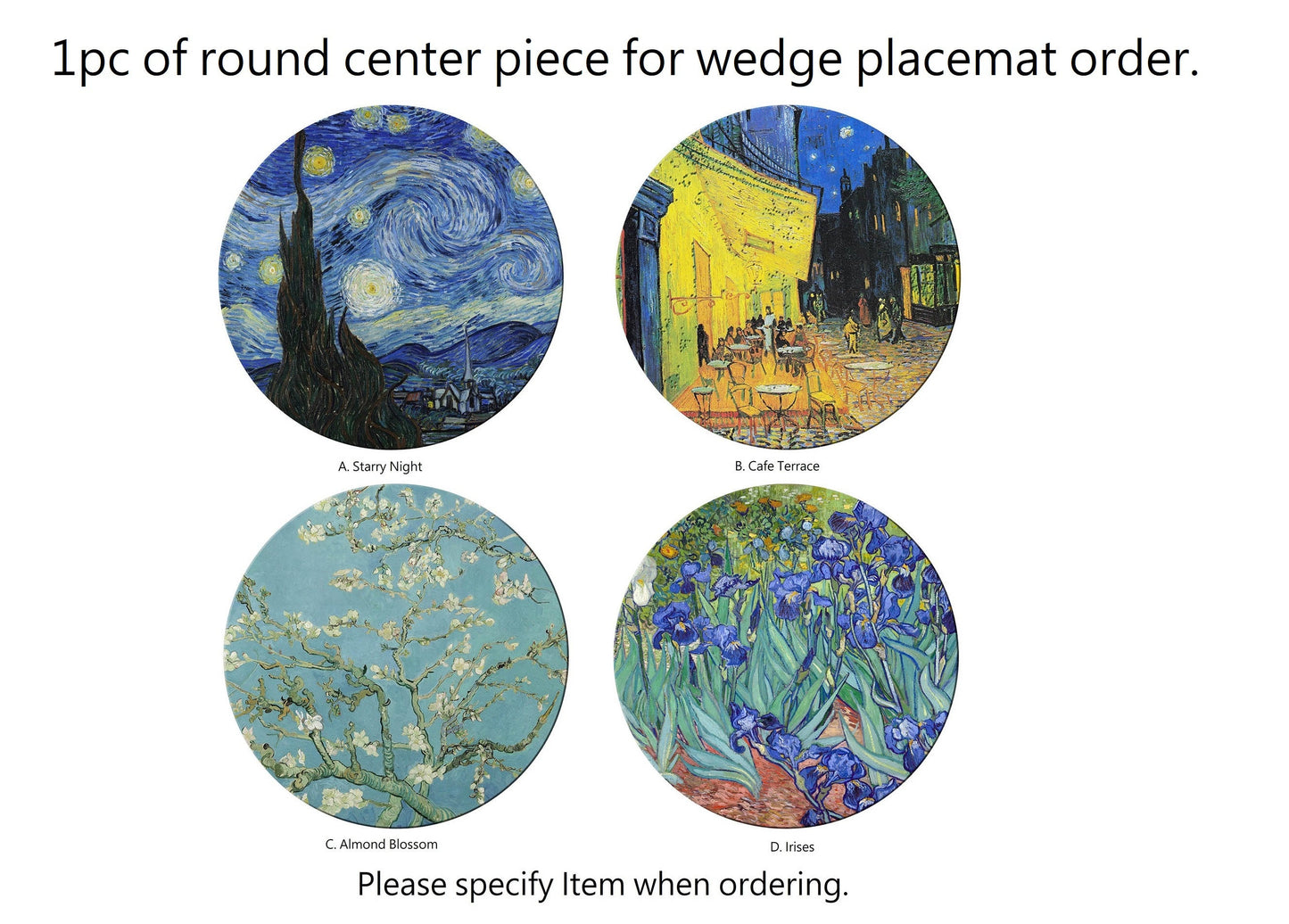 Van Gogh Wedge Placemats For Round Tables Tactile Basket Texture Hemmed Edge , Waterproof Sturdy, Flexible.
