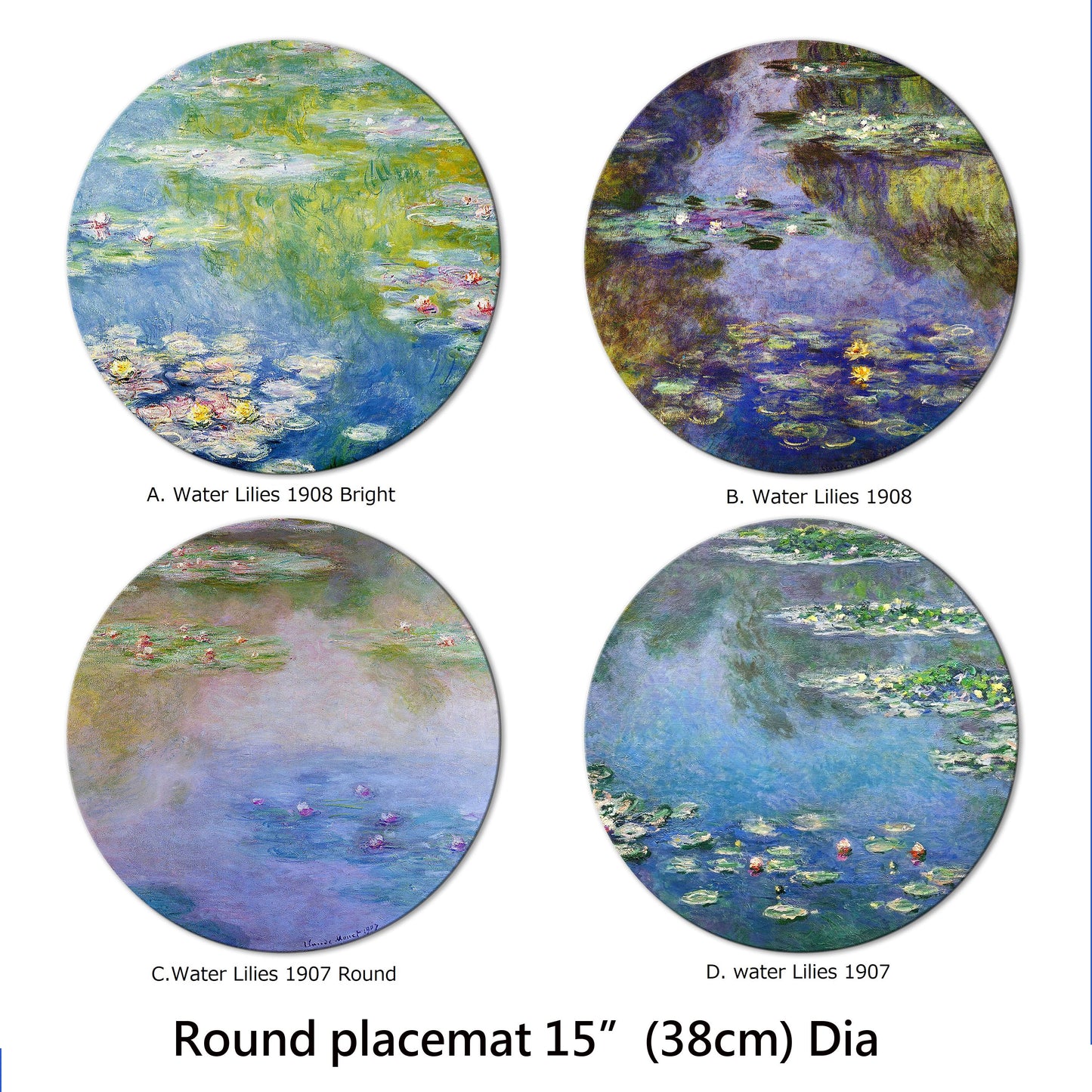Claude Monet Water Lily Round Placemat Set of 2 Tactile Basket Texture on Top Turned Edges