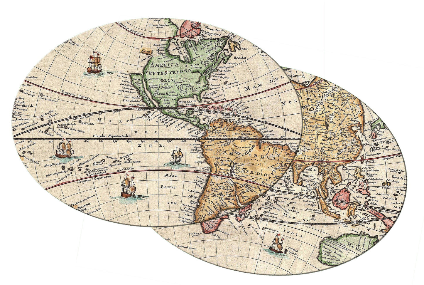 Vintage Map Wedge Placemats For Round Tables Tactile Basket texture Hemmed Edges , Waterproof Non slip.