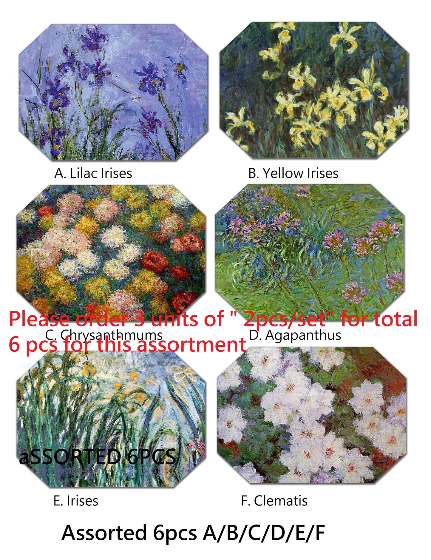 Claude Monet Flower Placemats For Round Tables Tactile Basket Texture Hemmed Edge , Waterproof Sturdy, Flexible.MC4